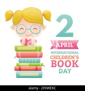 International Children's book day poster. Cute girl with a pile of books. Vector illustration. Stock Vector