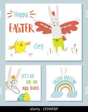 Spring illustrations set. Easter cards.Egg hunt, rainbow, bunny in a chicken suit. Cute and modern vector illustration. Great for social media greetin