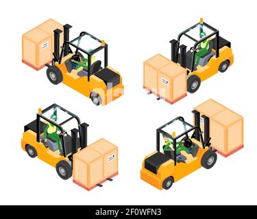 Isometric yellow forklift isolated on white background. Loaded forklift. All isometric views and profile with driver. Vector illustration. Stock Vector