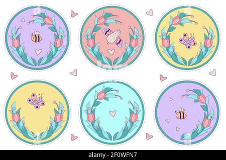 Decorative Set of cute insects. Butterfly, bee and bird on a round colored floral background with a bouquet of tulips and hearts. Vector illustration. Stock Vector