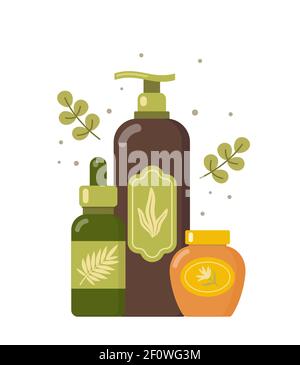Natural cosmetic from organic plants. Couple of green leaves and bottles. Spa bio creme bottle. Stylish concept for vegan organic cosmetics in flat de Stock Vector