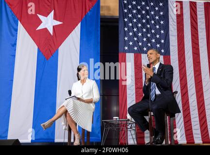 President Barack Obama participates in a question and answer session at an entrepreneurship event with Soledad O'Brian at La Cerveceria in Havana, Cuba, March 21, 2016. Stock Photo