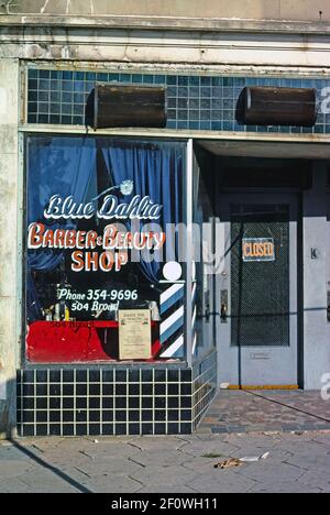 1970's United States -  Blue Dahlia Barber Shop Jacksonville Florida ca. 1979 Stock Photo