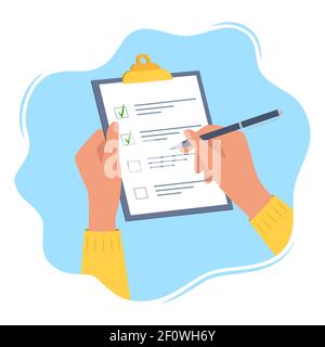 Hands holding clipboard with checklist with green check marks and pen. Human filling control list on notepad. Concept of Survey, quiz, to-do list or a Stock Vector