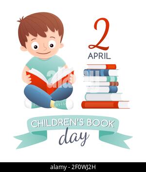 International Children's book day poster. A boy reading next to a pile of books. Vector illustration. Stock Vector