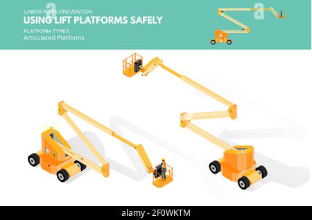 Isometric white isolated lift platforms labor risk prevention information about platform types on articulated platform Stock Vector