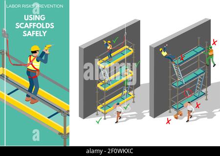 Labor risks prevention about using scaffolds safely. Isometric design infography with good and bad use of scaffolds. Vector illustration. Stock Vector