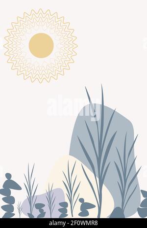 Boho style sun plants vase poster on colorful background. Abstract shapes and stains. Good for interior decoration. Can be used like Wall posters. Stock Vector