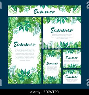 Set of six different web design formats with tropical summer design. Suitable for nature concept, vacation, and summer holidays. Editable vector illus Stock Vector