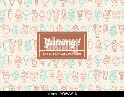 Hand drawn vector ice cream seamless pattern. Cones and ice creams with different flavours made in cartoon style. Stock Vector