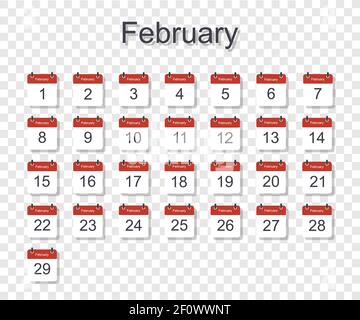 Monthly calendar template for February with daily date. On transparent background. Flat style. Vector illustration. Stock Vector