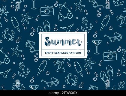 Hand drawn summer elements and bubbles seamless pattern. Vector illustration. Stock Vector