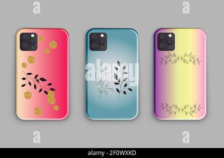 Large vector set of mock-up smartphone covers with a beautiful gradient, glitter and delicate sprigs print. Realistic smartphone mock-up ready Stock Vector