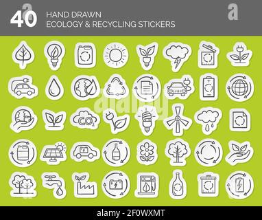 Hand drawn Ecology and Recycling white stickers set. Vector illustration. Stock Vector