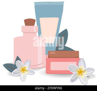posters with cosmetics. Personal care. Women's accessories. Make-up and cosmetics. COSMETICAL TOOLS. Spa salon, beauty salon advertisement. Stock Vector