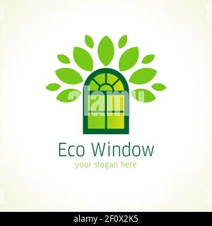 Windows eco vector logo. Template icon of constructing architectural or environmental company in a shape of green arch window with the crown of leaves Stock Vector