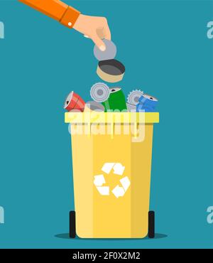 man hand throws garbage into a metal container Stock Vector