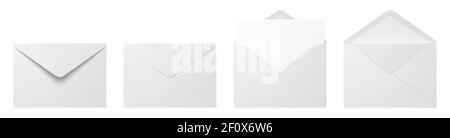 Vector set of realistic white envelopes in different positions. Folded and unfolded envelope mockup isolated on a white background. Stock Vector