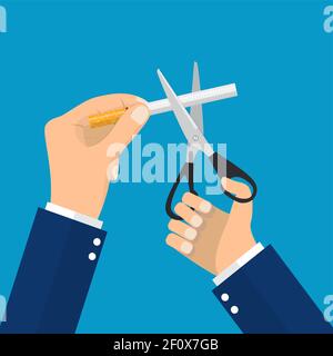 man Hands holding scissors cut a cigarettes Stock Vector