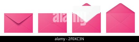 Vector set of realistic pink envelopes in different positions. Folded and unfolded envelope mockup isolated on a white background. Stock Vector