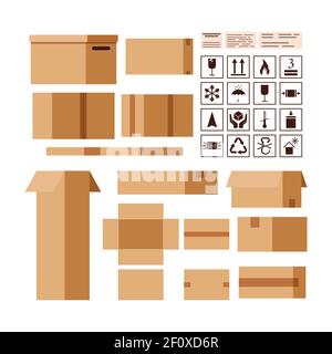 Cardboard parcels box creator with packaging and information sings isolated on white background. Stock Vector
