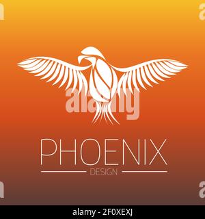 Flaming Phoenix Bird with wide spread wings in white on orange fire colors background. Symbol of reborn and regeneration. EPS10 vector illustration Stock Vector