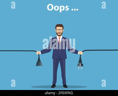 Error page. Man holding unplugged cable. Stock Vector