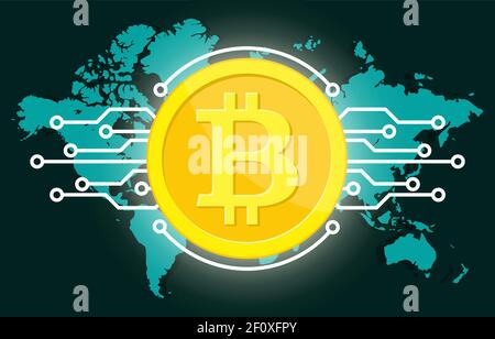Golden bitcoin digital currency and world globe Stock Vector