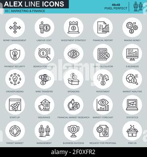 Thin line marketing and finance icons set for website and mobile site and apps. Contains such Icons as Crowdfunding, Market, E-business. 48x48 Pixel P Stock Vector