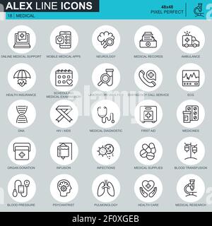 Thin line healthcare and medicine, medical equipment icons set for website and mobile site and apps. Contains such Icons as DNA, Ambulance. 48x48 Pixe Stock Vector