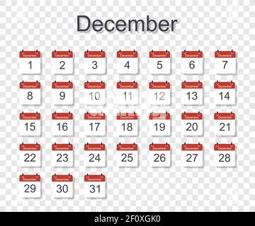 Monthly calendar template for December with daily date. On transparent background. Flat style. Vector illustration. Stock Vector