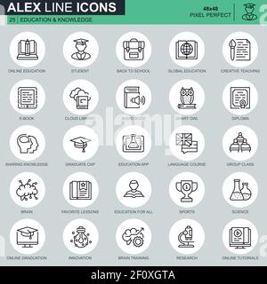 Thin line education and knowledge icons set for website and mobile site and apps. Contains such Icons as Studying, School, Graduation. 48x48 Pixel Per Stock Vector