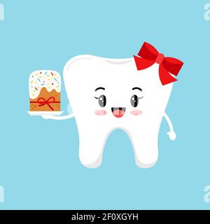 Cute tooth with easter cake dental icon isolated on background. Stock Vector