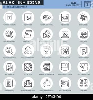 Thin line seo and development icons set for website and mobile site and apps. Contains such Icons as Clean Code, Data Protection, Monitoring. 48x48 Pi Stock Vector