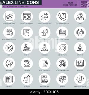 Thin line business and marketing icons set for website and mobile site and apps. Contains such Icons as Vision, Mission, Planning, Market. 48x48 Pixel Stock Vector