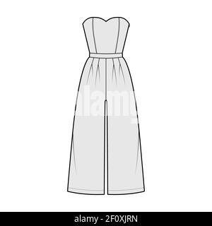 Jumpsuits culotte overall technical fashion illustration with ankle length, normal waist, high rise, double pleats, strapless. Flat apparel front, grey color style. Women, men unisex CAD mockup Stock Vector