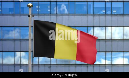 3D illustration Belgian flag waving a modern skyscraper city. Beautiful tall tower with Belgium banner blowing soft silk. Cloth fabric texture ensign Stock Photo