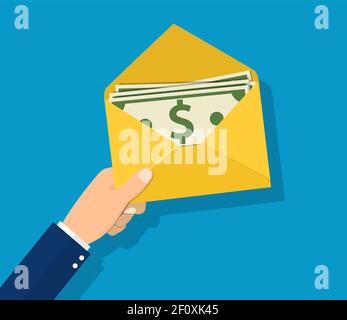 Money in envelope hold in hand businessman. Stock Vector