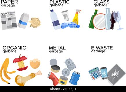 Garbage sorting food waste, glass, metal Stock Vector