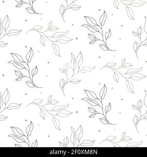 Seamless leaves spring pattern line style. Light natural foliage with dots print design. Stock Vector