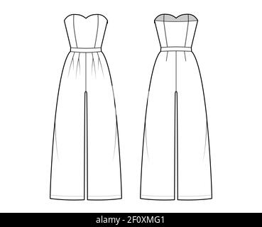 Strapless jumpsuit overall technical fashion illustration with full length, normal waist, high rise, double pleats. Flat apparel garment front back, white color style. Women, men unisex CAD mockup Stock Vector