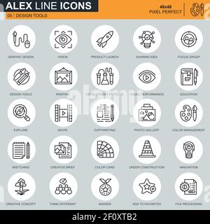 Thin line design tools, art and media icons set for website and mobile site and apps. Contains such Icons as Innovation, Vision, Painting. 48x48 Pixel Stock Vector