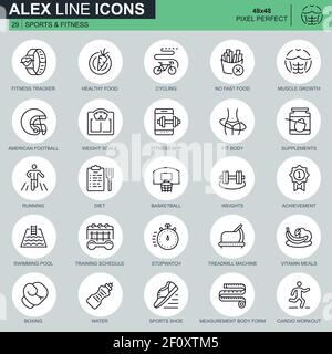 Thin line sports and fitness icons set for website and mobile site and apps. Contains such Icons as Fit Body, Swimming, Fitness App. 48x48 Pixel Perfe Stock Vector