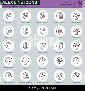 Thin line human brain process, features and emotions icons set for website and mobile site and apps. Contains such Icons as Target, Skill. 48x48 Pixel Stock Vector