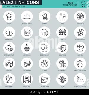 Thin line restaurant and food icons set for website and mobile site and apps. Contains such Icons as Fast Food, Menu, Organic Fruit, Bar. 48x48 Pixel Stock Vector