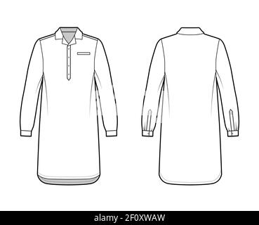 Nightshirt dress Sleepwear Pajama technical fashion illustration with knee length, classic henley collar, cuff long sleeves. Flat apparel front back, white color style. Women, men unisex CAD mockup Stock Vector