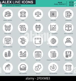 Thin line banking and finance icons set for website and mobile site and apps. Contains such Icons as E-Banking, Auction, Financial Growth. 48x48 Pixel Stock Vector
