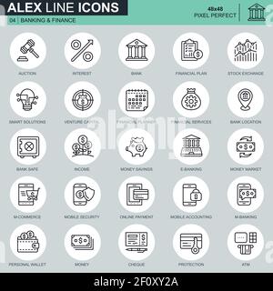 Thin line banking and finance icons set for website and mobile site and apps. Contains such Icons as Bank, Money, Financial Plan, M-commerce. 48x48 Pi Stock Vector