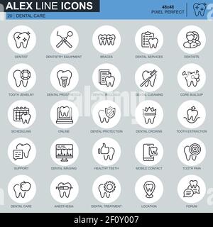 Thin line dental care, dentistry equipment, hygiene icons set for website and mobile site and apps. Contains such Icons as Dentist, Braces. 48x48 Pixe Stock Vector
