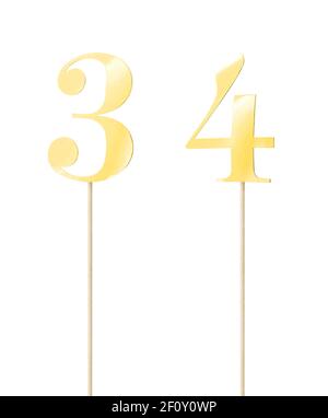 Shiny gold  topper cake paper numbers signs (three; four) on stick isolated on white background. Clipping path included. Stock Photo